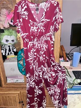 Audrey & Grace Burgundy and White Floral Jumpsuit
